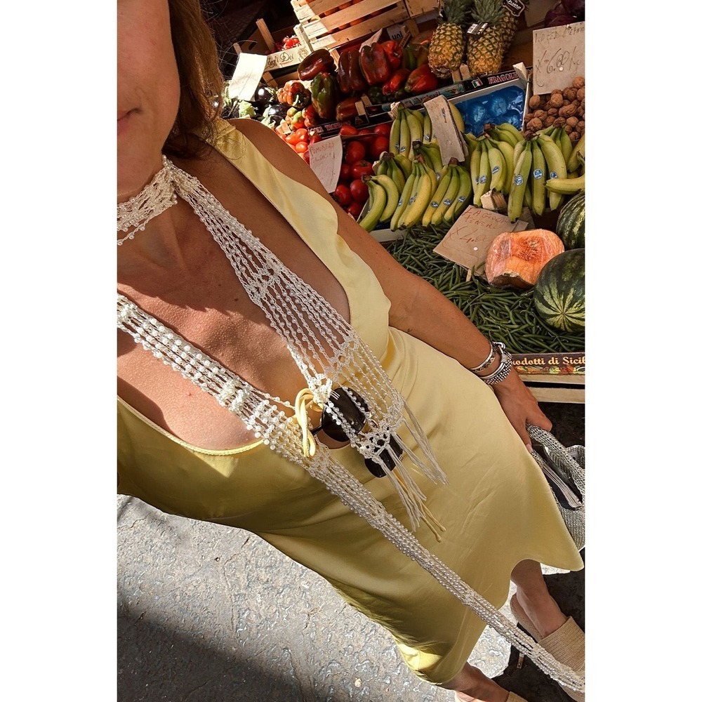 12th Tribe Daphne Yellow Satin Midi Dress Cutout Front Tie M NWT - Picture 7 of 9